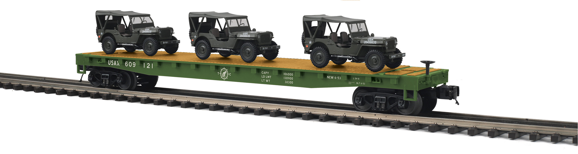 U.S. Army flatcar with three green Willy's Transport Vehicles