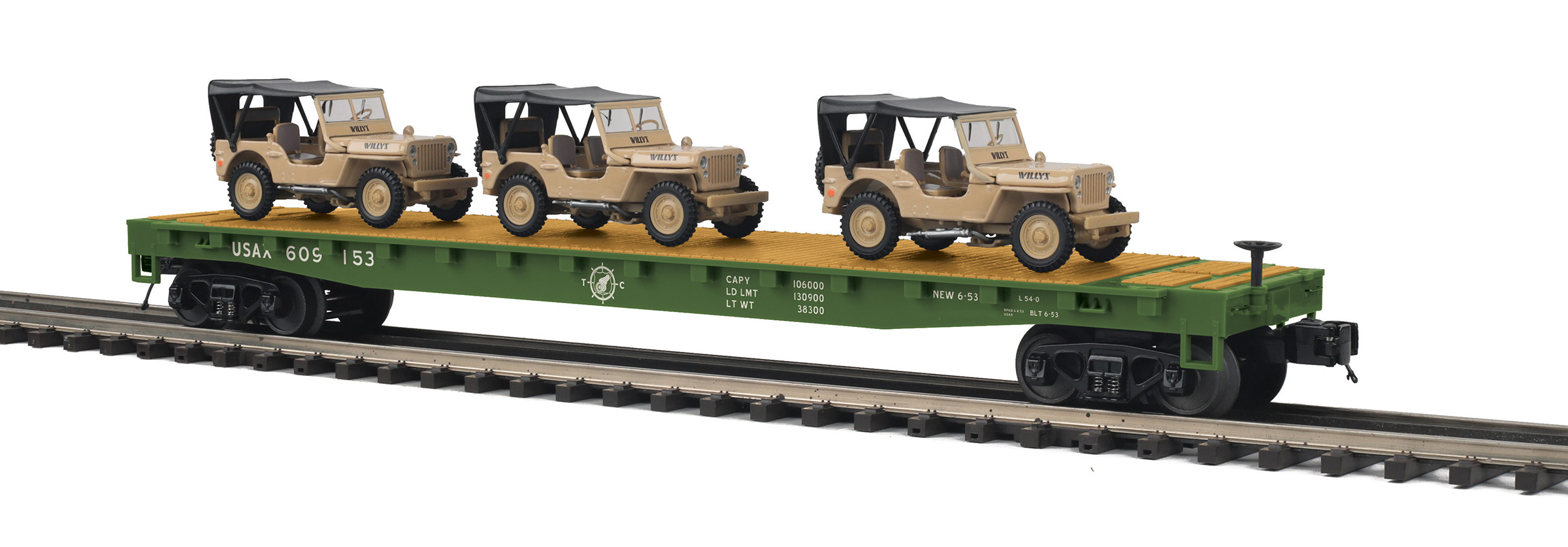 U.S. Army flatcar with three tan Willy's Transport Vehicles