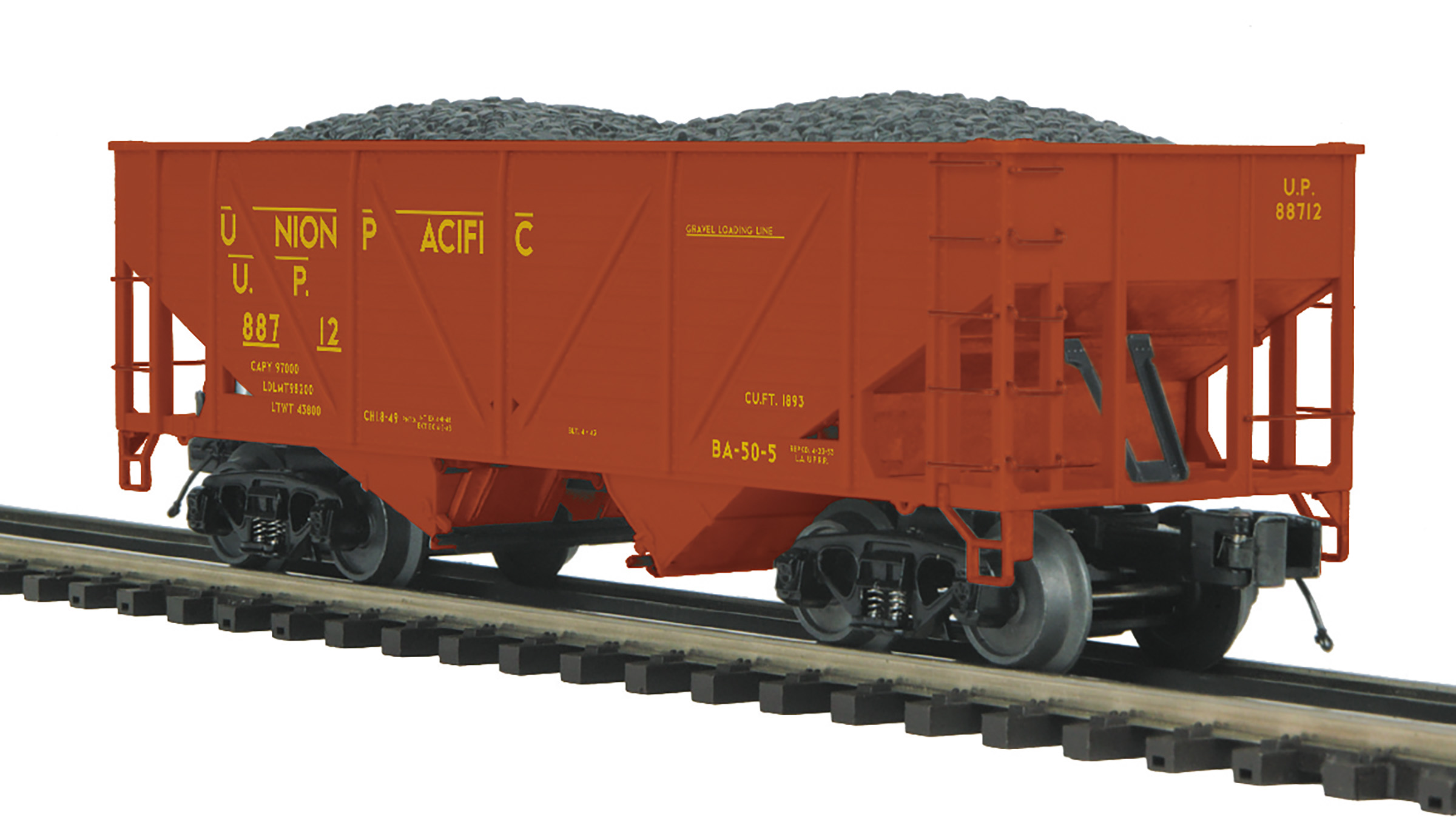 Union Pacific 34' composite hopper car with coal load