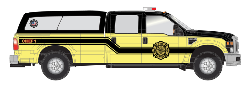 Ford F-350 crew cab pickup truck - Fire Chief yellow with utility cap