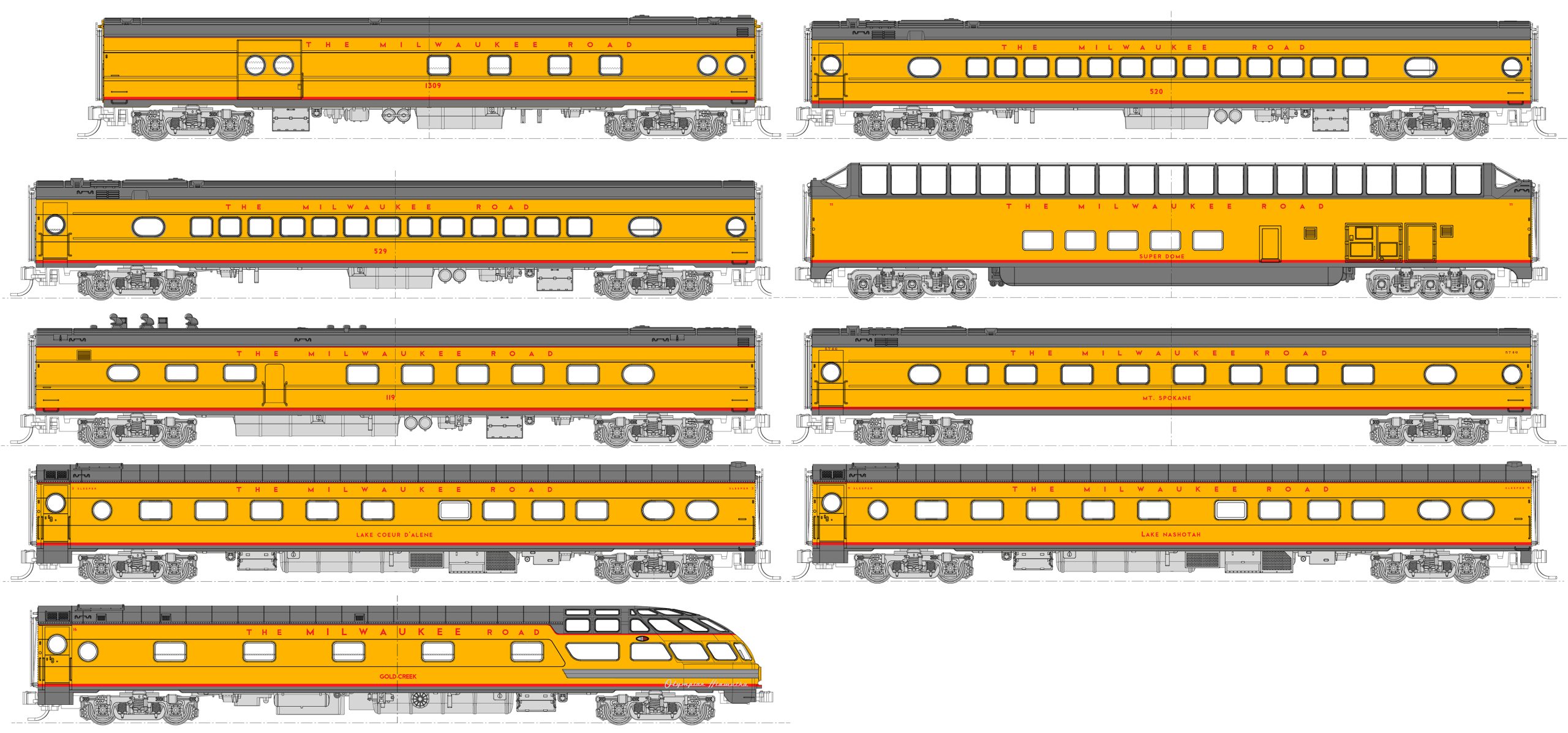 Milwaukee Road "Olympian Hiawatha" Post 1955 Scheme 9-Car Set