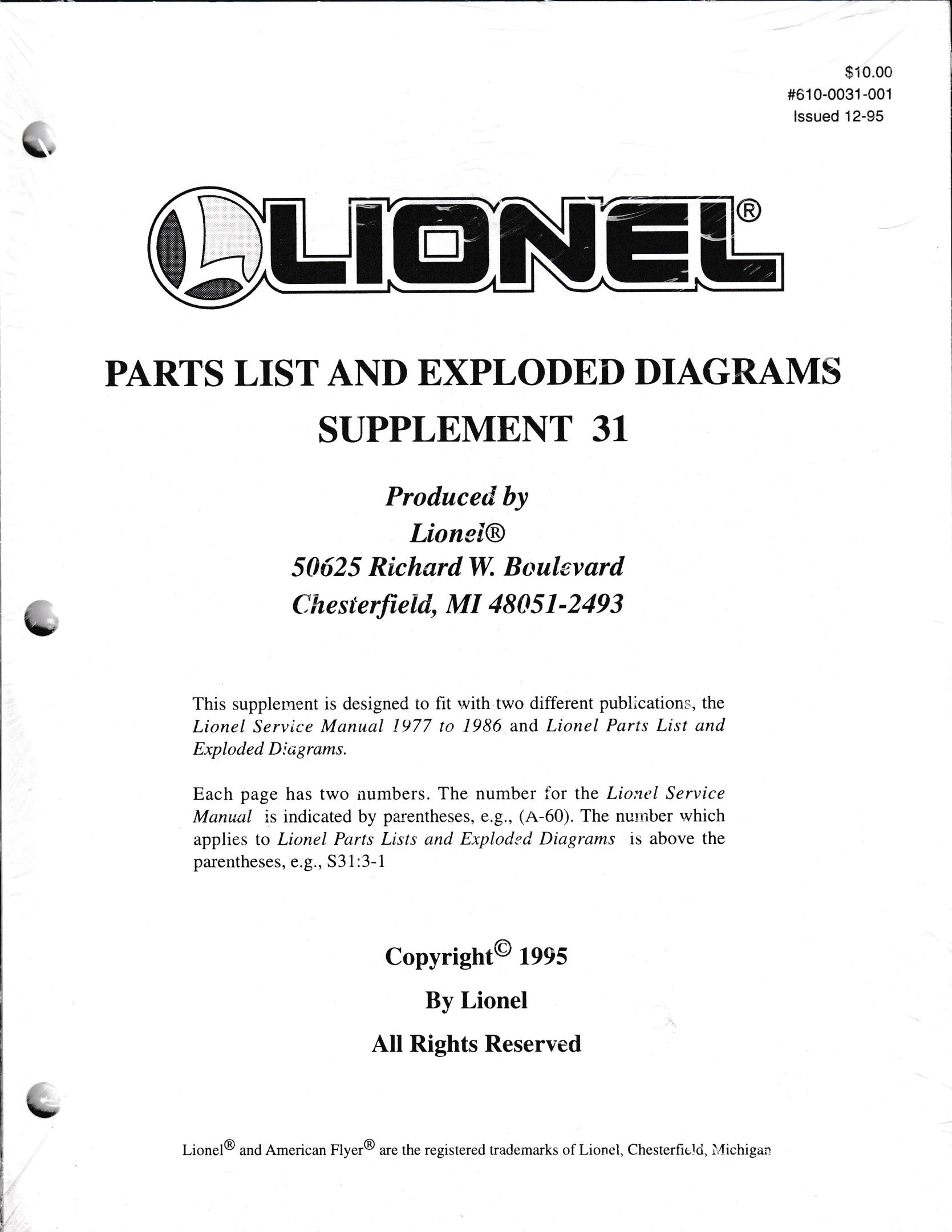 Lionel Parts List and Exploded Diagrams Supplement 31