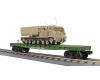 U.S. Army flatcar with tan M270 Rocket Launcher vehicle