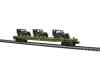 U.S. Army flatcar with three green Willy's Transport Vehicles