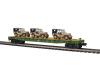 U.S. Army flatcar with three tan Willy's Transport Vehicles